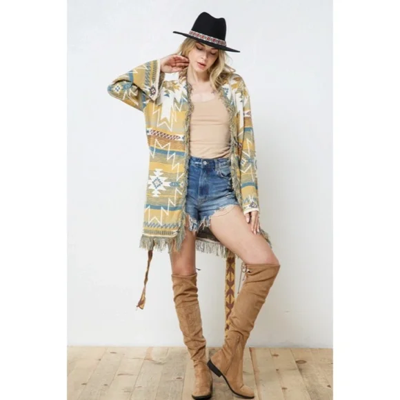 SOLD OUT Mustard Fringe Western Native Aztec Belted Tie Knit Cardigan Sweater - Picture 9 of 9